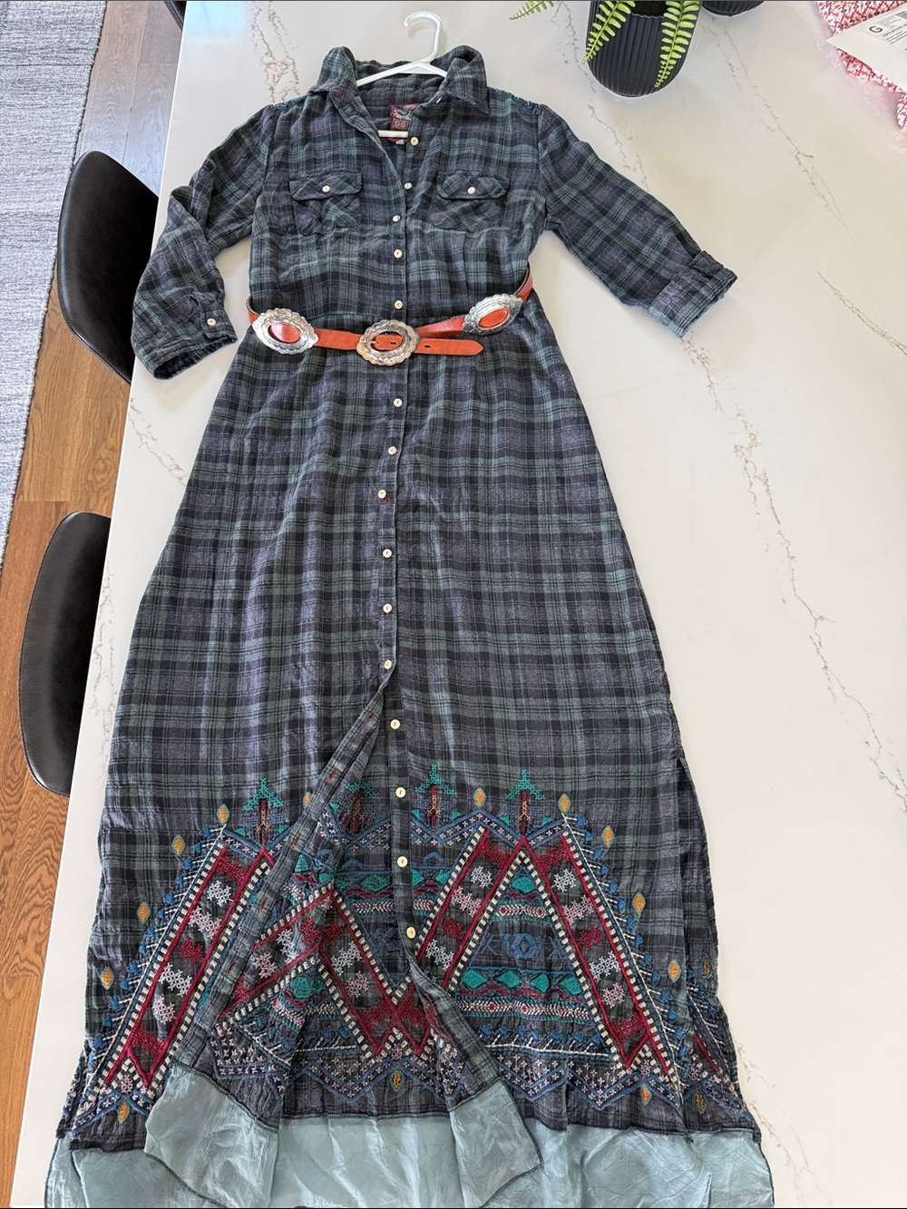 Johnny Was Gray Plaid Embroidered-Hem Maxi Shirt Dress
